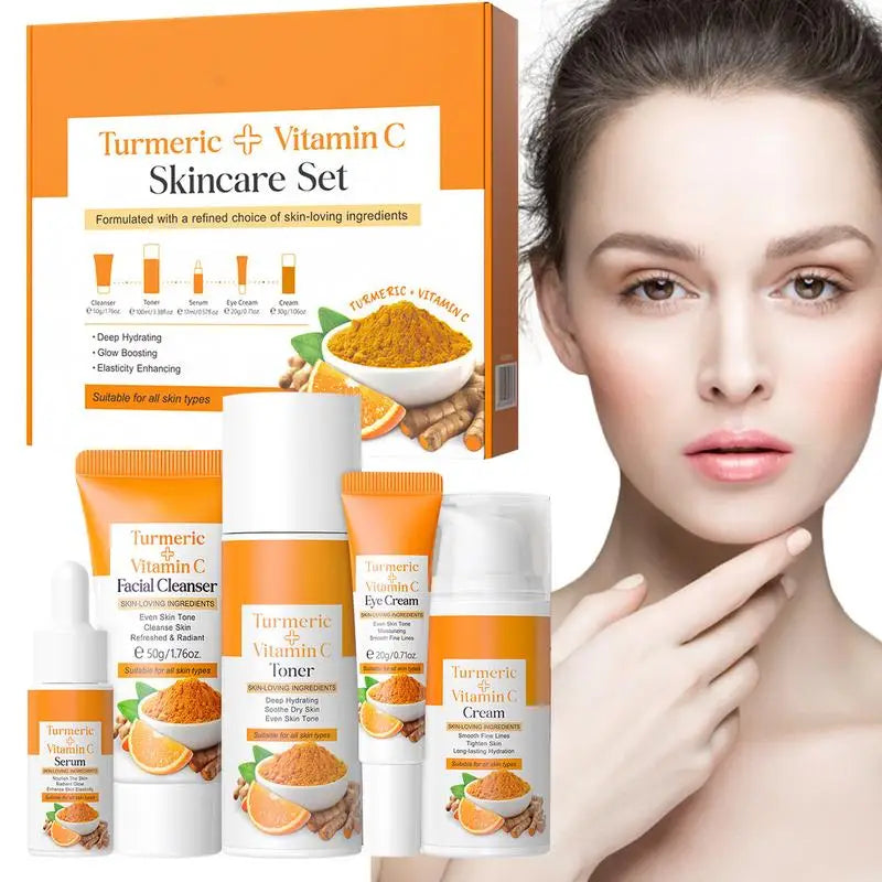 5Pcs Turmeric Skin Care Set Facial Acne Cleansing Cream Temeric Cream Shrink Pores Moisturizing Toner Eye Cream Face Cleanser