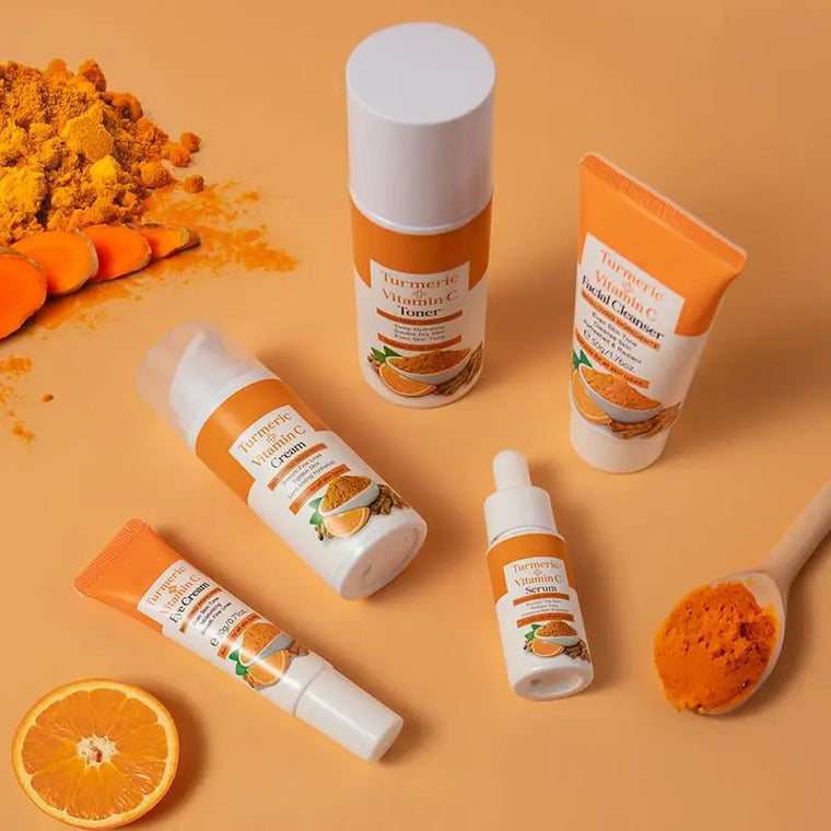 5Pcs Turmeric Skin Care Set Facial Acne Cleansing Cream Temeric Cream Shrink Pores Moisturizing Toner Eye Cream Face Cleanser