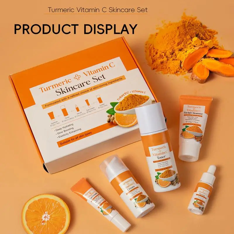 5Pcs Turmeric Skin Care Set Facial Acne Cleansing Cream Temeric Cream Shrink Pores Moisturizing Toner Eye Cream Face Cleanser