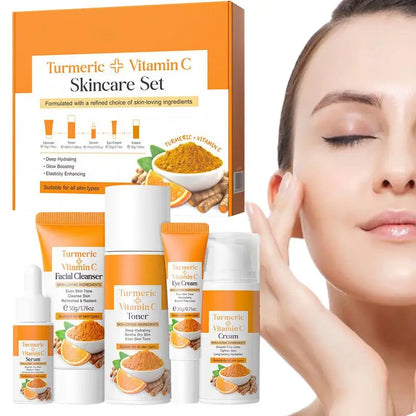 5Pcs Turmeric Skin Care Set Facial Acne Cleansing Cream Temeric Cream Shrink Pores Moisturizing Toner Eye Cream Face Cleanser